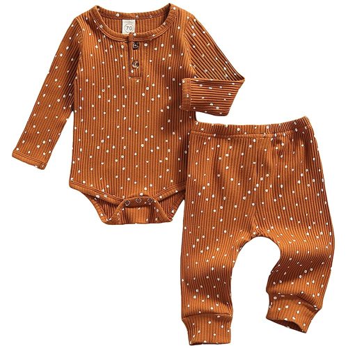 Newborn Baby Boy Girl Polka Dot Clothes Set Ribbed Knit Cotton Long Sleeve Romper Pants Unisex Fall Winter Outfits