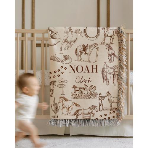 Personalized Baby Blanket Custom Nursery Bedding Cotton Cowboy Quilt Western Horse Throw Monogram Equestrian Gift Fringe Horseshoe Design