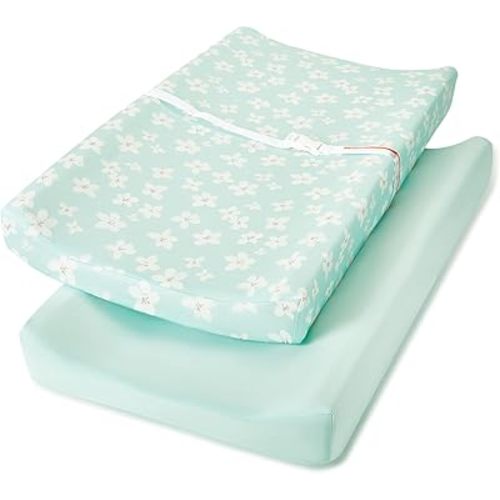TILLYOU Changing Pad Cover Set in Soft Jersey Material - Fits 32"/34''x16 Contoured Pad for Babies, Fresh Flowers and Light Green