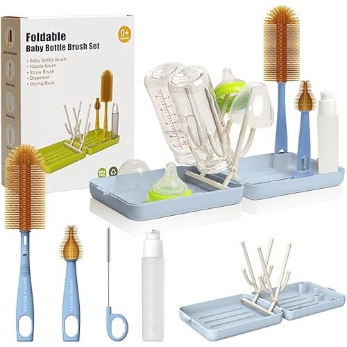 YOTIME Travel Bottle Brush, Travel Bottle Cleaner Kit with Foldable Bottle Drying Rack, for Visit Friends and Relations, Baby Travel Essentials, BPA Free, Blue