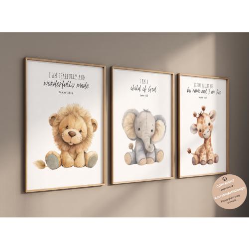 Christian nursery wall art, Bible verse nursery, Animal prints, Scripture nursery, Plush animals, Baby animal prints, Safari nursery decor
