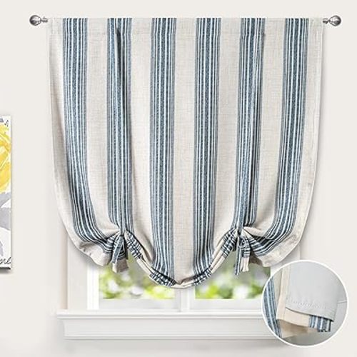 DriftAway Chris Double Layer Linen Blackout Tie Up Curtains Thermal Insulated Fully Lined Vertical Striped Balloon Roman Shade Bathroom Window Adjustable Rod Pocket 45 Inch by 63 Inch Jean Navy