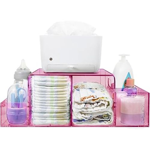 Acrylic Diaper Caddy, Baby Wipes Organizer for Changing Table, Dresser Top Tabletop Organizer with 4 Detachable Compartments, Anti-slip Rubber Feet, Newborn Baby Essentials, Red
