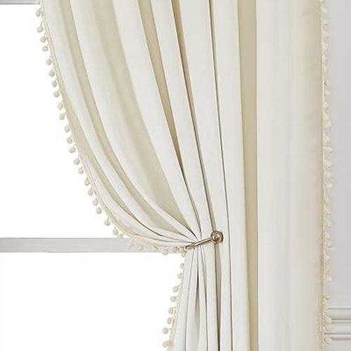 Pom Pom Velvet Curtains 84 Inches for Bedroom, Cream Velvet Curtains- Thermal Insulated Room Darkening Sun Blocking Rod Pocket Window Drapes for Living Room, 2 Panels, 52 x 84 Inches