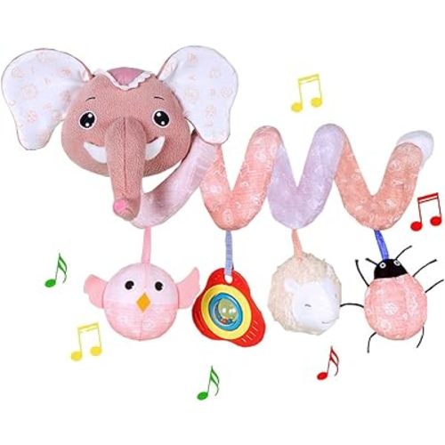 Car Seat Toys, Baby Stroller Toys Infant Spiral Hanging Toys for Crib Bar Bassinet Stroller Car Seat Mobile, Early Development Toys for Newborn Baby Girls 0 3 6 12 Months -Pink Elephant