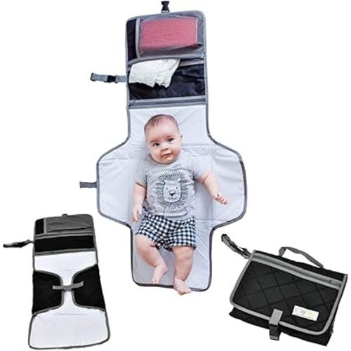 CozyBaby's On-The-Go Diaper Changing Pad (Midnight Black) - Waterproof Padded Diaper Changing Mat with Convenient Storage Compartment Plus Handy Travel Strap & Folds into Easy to Carry Pouch