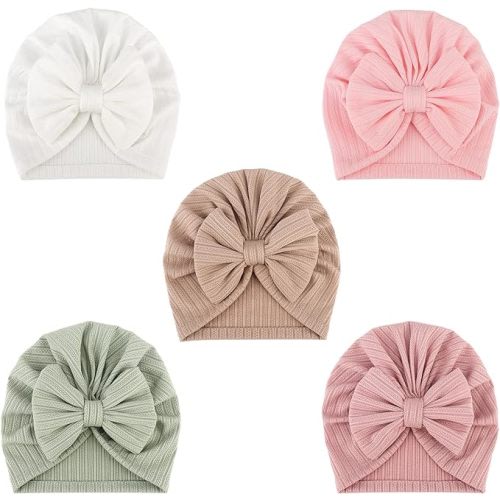 DRESHOW BQUBO 5 Pieces Newborn Baby Turban Hats Bow Baby Infant Beanie Breathable Toddler Cap for Baby Girls
