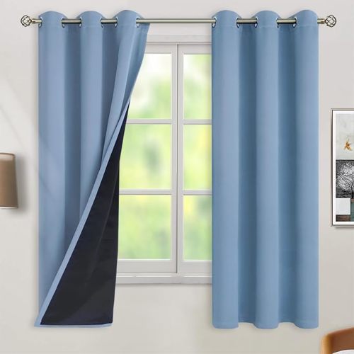 BGment Thermal Insulated 100% Blackout Curtains for Bedroom with Black Liner, Double Layer Full Room Darkening Noise Reducing Grommet Curtain (42 x 63 Inch, Denim Blue, 2 Panels)
