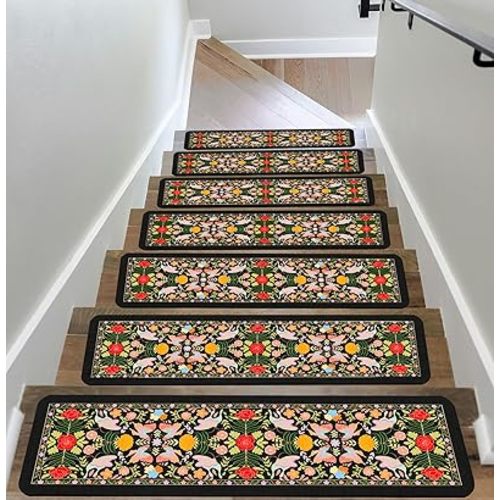 Stair Treads for Wooden Steps Non-Slip 8"X30" 15PCS Floral Butterfly Stair Carpet Rubber Backing Stair Runner Washable Reusable Stair Rugs Indoor Safety Stair Mats for Elders Kids Dogs