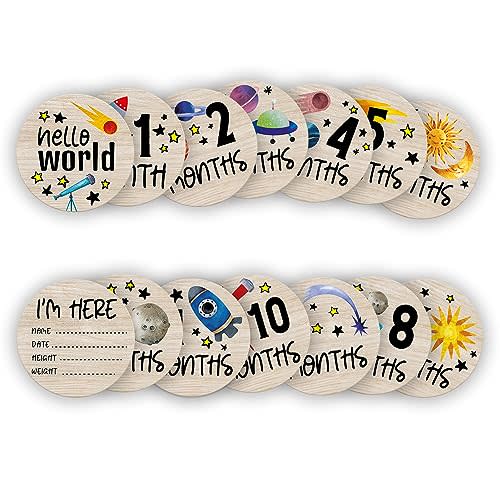 Baby Monthly Milestone Circles, Astronaut Space Stuff Wooden Discs for Baby Photo Takens with Hello World Signs - 7 Pcs Double Sides Round Circles Signs for Documenting Growth