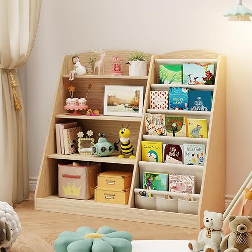 Kids Bookshelf Toddler bookshelf and Toy Storage Organizer 4 Tier Wooden Kids Book Shelf with Sling Book,Baby walking bookshelf,Montessori for Nursery Playroom, children's room kindergarten, classroom