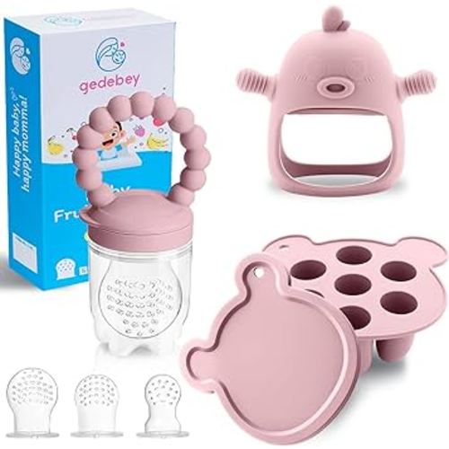 Baby Fruit Feeder & Breastmilk Popsicle Mold Set – 3 Pack Silicone Teething Relief Kit with Food Feeder Pacifier, Freezer Tray with Lid & Baby Teether Toy (Blush)