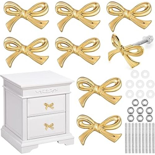 8 Pcs Bow Drawer Knobs Metal Bow Dresser Knobs Vintage Handles for Dresser Gold Handles for Home Bedroom Kitchen Cabinets Hardware Cupboard(Normal Size)