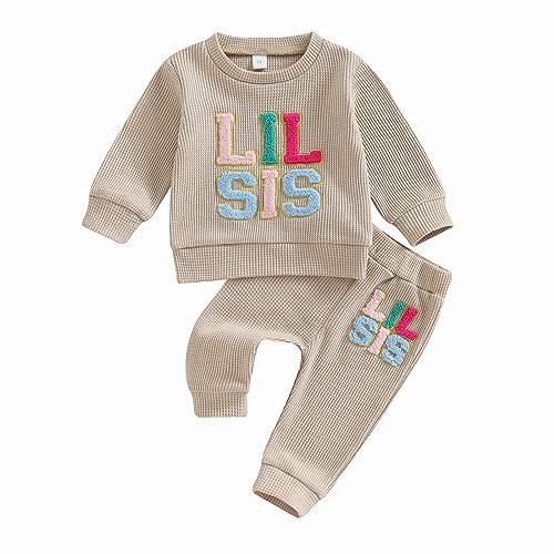 VISGOGO Baby Girl Clothes Lil Sis Big Sis Matching Outfit Long Sleeve Sweatshirt Top 2Pcs Fall Winter Pant Sets