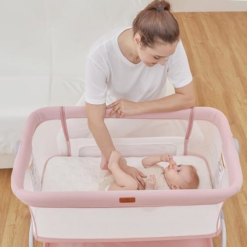 BabyBond Baby Bassinet, 3 in 1 Bassinet Bedside Sleeper with Washable Soft Mattress and Sheet, 6 Height Adjustable Bedside Crib, 4-Sided Mesh Bedside Bassinet for Baby