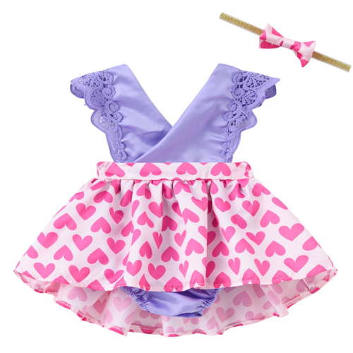 Edvintorg 0-3T Baby Girl Clothes Set Summer Clearance Toddler Baby Girl Ruffled Heart Printed Romper and Headband Set Fashion Baby Outfits