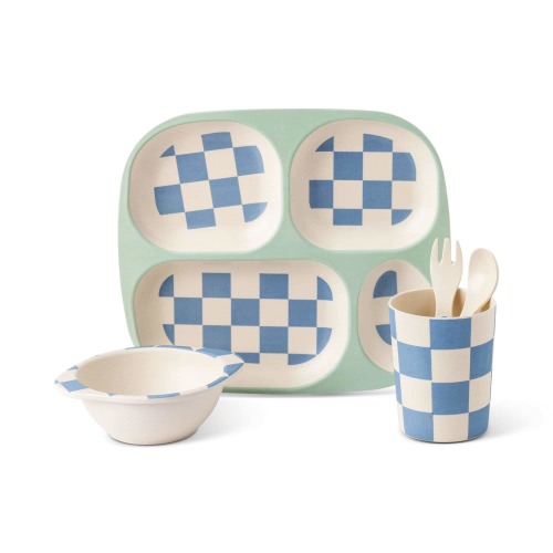 Manna Kids' Bamboo Fiber Dinnerware Set, Blue Check, 5-pc