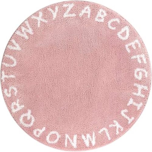 Lahome ABC Pink Round Rug for Girls Bedroom - 3ft Washable Small Classroom Rug Non Slip Alphabet Rug, Circle Nursery Rug for Kids Room, Cute Furry Plush Shaggy Crawling Play Mat for Children Toddlers