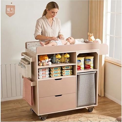 100% Solid Wood Baby Changing Table Dresser with Drawers, Nursery Diaper Changing Station with Changing Pad & Built-In Trash Bag Storage, Rolling Space-Saving Design for Newborn & Toddler, Pink