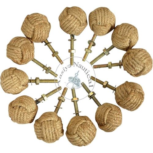 Set of 12 Jute Rope Cabinet Knobs – Beach Style Drawer Pulls & Door Handles – Coastal Home Decor Hardware – Handmade Nautical Rope Knots for Cabinets, Dressers & Cupboards