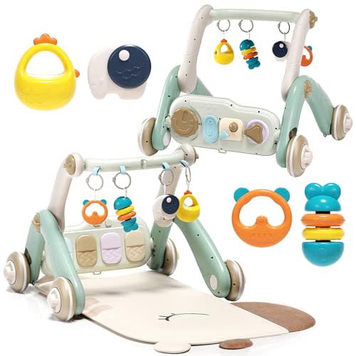 Jovow 2 in 1 Baby Gym with Walker,Baby Play Mat with 4 Infant Learning Sensory,Double-Sided Multifunctional Removable Play Piano Panel,Sit-to-Stand Learning Walker for 0-24 Months Boy Girl [White]