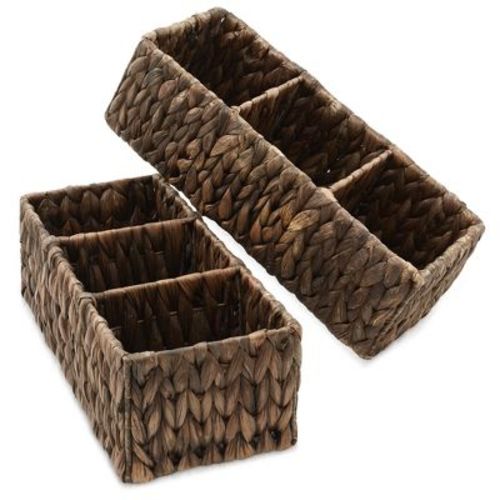 Casafield Set of 2 Water Hyacinth Storage Baskets, Espresso - Divided Woven Organizer Bins for Bathroom, Laundry, Pantry, Office, Shelves