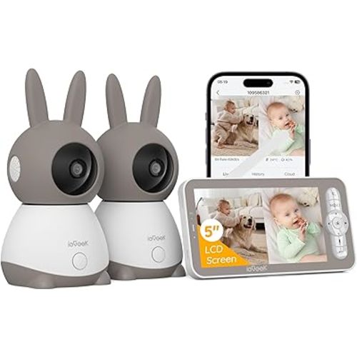 2K Video Baby Monitor with 2 Cameras, ieGeek 360° View Split Screen Baby Monitor WiFi Smartphone with 5" no WiFi LCD Monitor, Motion & Cry Detection, 2-Way Audio, 1000ft Range, Temperature, Lullabies