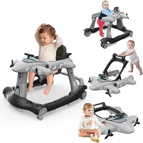 6-in-1 Foldable Baby Walker with Adjustable Height & Speed, Airplane-Themed Activity Push Walker with Music & Lights, Wheels, Anti-Slip Design, Suitable for Boys & Girls Aged 6-18 Months