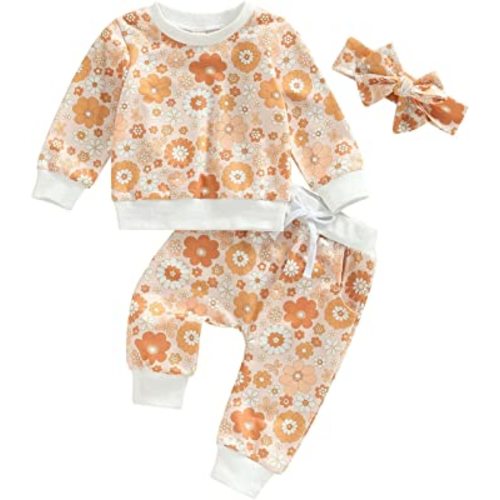 3Pcs Baby Girl Outfits Daisy Sweatshirt + Pants + Headband Infant Fall Winter Clothes
