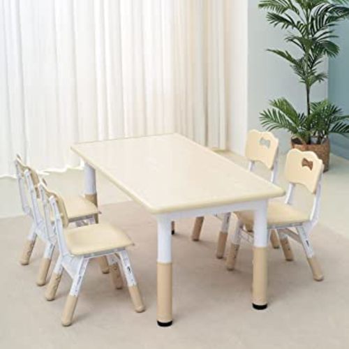 Toddler Table and Chair Set, Graffiti Desktop, Height-Adjustable Toddler Desk with 4 Seats, Kids Table and Chair Set for Girl & Boy Age 2-10, Scrub-Table Desktop Kids Study Table