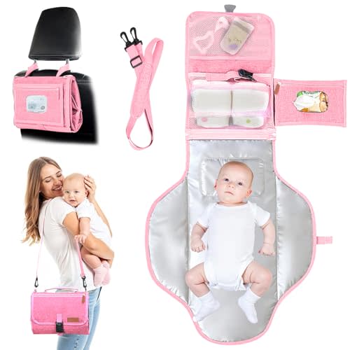 UBRAVOO Portable Diaper Changing Pad - Baby Diaper Changer Travel Bag with Wipes Pocket, Smart Design Portable Changing Mat, Infant Travel Station Kit, Gift for Newborn Girl & Boy (Pink)