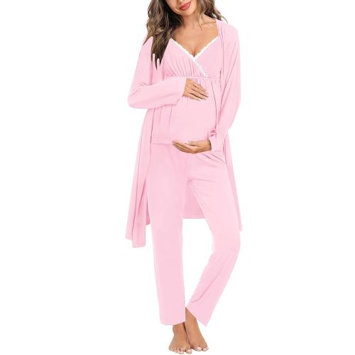 SWOMOG Maternity Nursing Robe Set 3 Piece Breastfeeding Pajamas 3 in 1 Labor Delivery Sleevless Tops&Long Pants Pregnancy Pjs