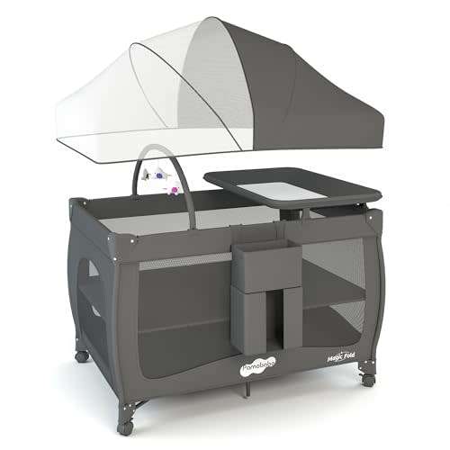 Pamo Babe Pack and Play 1-Second Setup 4-in-1 Portable Crib for Baby with Bassinet, Mosquito Net, Changing Table & Toy Arch