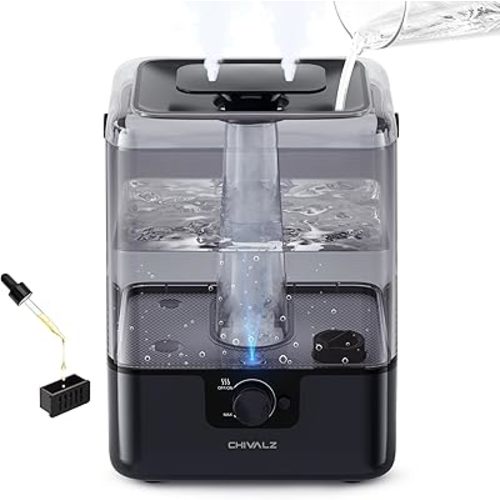 6L Humidifiers for Bedroom Large Room Home, CHIVALZ Cool Mist Top Fill Humidifiers for Baby Nursery and Plants, 26dB Quiet, Nightlight, Up to 50 Hours, Oil Diffuser 1 Pack + 2 Mist Outlets Black
