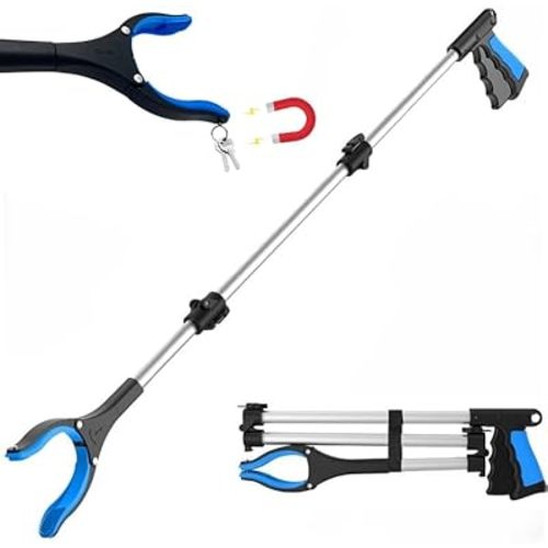 2024 Upgrade PowerGrip T9, Extra Long Grabber Reacher Tool, Wide Jaw, Foldable Trash Pickup Tool, Steel Cable, with 96 Grip Points for Firm Grip, 32" with Magnet (Blue, 43 Inch)