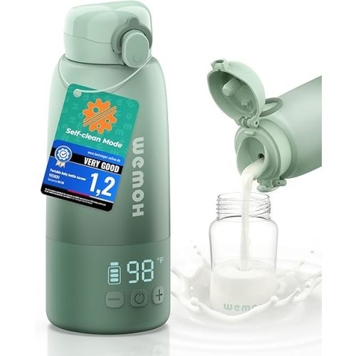 Upgraded Portable Milk Warmer with Self-Clean Function, 110W Fast Heating for Breast Milk & Formula, 16oz Large Capacity Travel Bottle Warmer, USB-C Fast Charge, Ideal for Hiking, Flights & Car Use