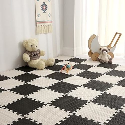 Foam Play Mat, 0.4 Inch EVA Soft Non-Toxic Baby Playmat, Interlocking Floor Mats, Solid Colored Foam Puzzled Floor Mats, Baby Play Mat Exercise Mats, 16 Tiles(White/Black)