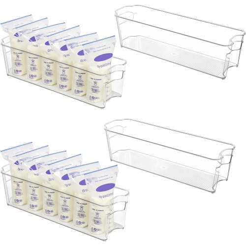 Breastmilk Storage Container 4PCS Set, Clear Freezer and Fridge Organizer Bins, Plastic Storage Bins for Breast Milk, Baby Pouches, Formula, Bottles and Yogurts, 4.3’’ Width, 14.7" Long