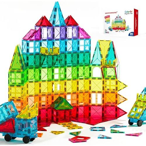 Magnetic Tiles Car Set Truck Kit Toy with Stronger Magnets, Educational Magnet Cars with Re-Enforced Hitch and Long Bed for Girls Boys Toddler Ages 3+ (96 PCS Set)