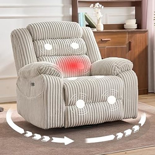 Extra Wide Power Swivel Rocker Recliner for Adults with Heat Massage, USB & Type-C Charging, Electric Glider Rocking Chair for Living Room Nursery Bedroom Office