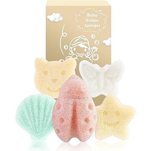 Konjac Baby Sponge for Bathing, 5Pcs Natural Cute Shapes, Kids Bath sponges for Infants, Toddler Bath time, Plant-Based, Extra Soft