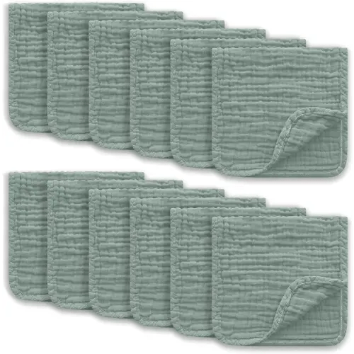 Muslin Burp Cloths Large 100% Cotton Hand Washcloths for Boys & Girls, Baby Essentials Extra Absorbent and Soft Burping Rags for Newborn Registry (Green, 12-Pack, 20" X10")