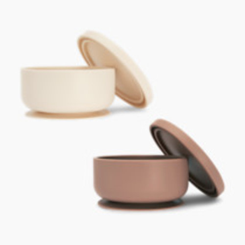 AEIOU Suction Bowl with Lid - Clay + Oat Milk