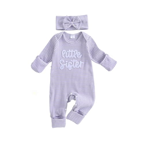 Rarjuiey Baby Girl Outfits Newborn Little Sister Long Sleeve Letter Romper Ribbed Knit Jumpsuit Baby Girl Coming Home Clothes