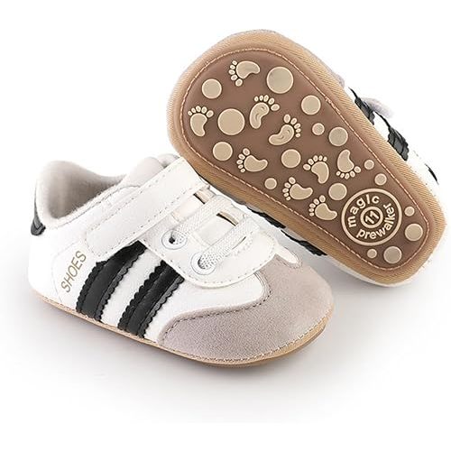 Newbron Baby Boys Girls Retro Sneakers Pu Leather Rubber Sole Walking Shoes Toddler Non-Slip First Walkers Infant Slippers Crib Shoes
