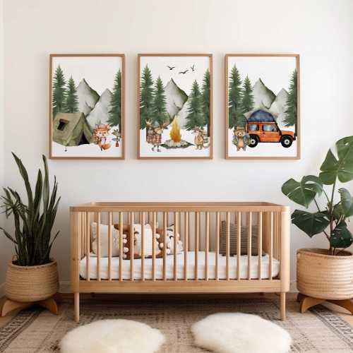 Camping animals nursery wall art prints, Mountain Forest nursery decor, Woodland animal prints, Set of 3 watercolor nursery prints, green