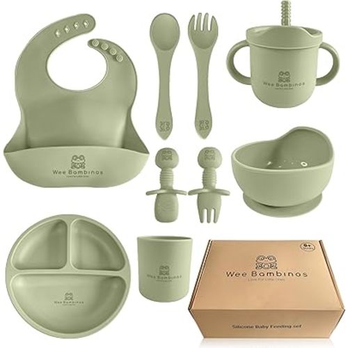Silicone baby feeding set, 10 pcs baby silicone feeding set, baby plates and bowls set, baby led weaning set, baby plates and utensils set, baby eating set, platos para bebes (Green)