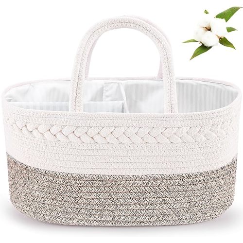 ABenkle Baby Diaper Caddy, Nursery Storage Bin and Car Organizer for Diapers Wipes, Cotton Rope Basket Changing Table Caddy - Large - White Mixed Brown