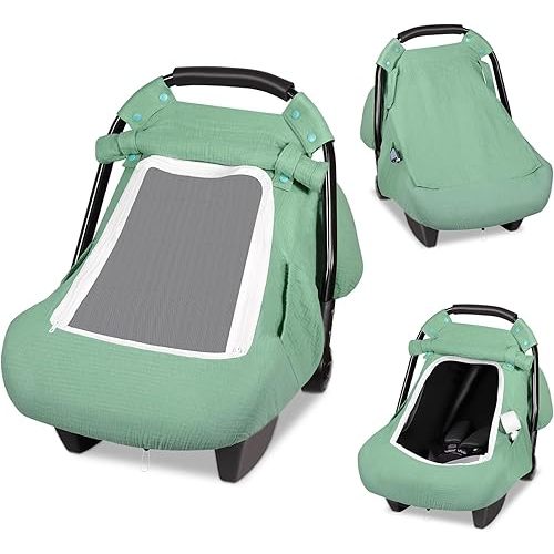 Summer Car Seat Cover Baby Boy, 100% Muslin Infant Car Seat Canopy Cover with Two Pockets for Baby Essentials, Breathable Cover for Boys Girls with Large Mesh Window