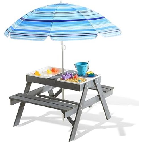 Beright 3-in-1 Kids Picnic Table, Play Sand and Water Sensory Table with Height Adjustable Umbrella & Removable Tabletop, Kids Wooden Outdoor Table, with 3 Storage Bins, Upgraded
